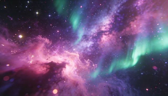 Swirling Violet Nebula with Teal Aurora Ribbons and Sparkling Stars, Cosmic Gascloud