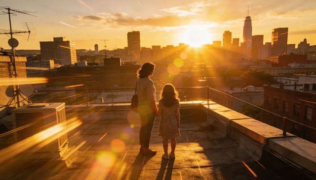Mother and daughter watching city sunset from rooftop holding hands at golden hour