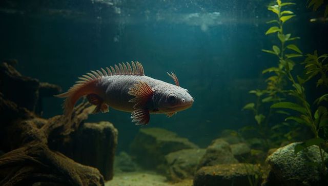 Swimming pale axolotl with crimson external gills in planted aquarium with driftwood and rocks