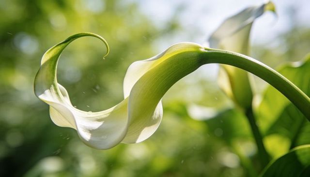 Backlit arching calla lily with translucent ivory petals and curved green stem