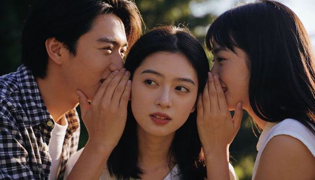 Sunlit whispering trio sharing secrets in park close-up, gossip and friendship, candid