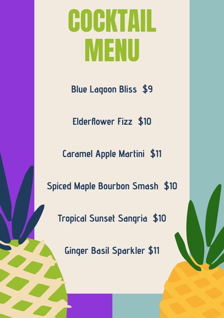 Colorful tropical cocktail menu ideal for use in bars, restaurants, and party events. The menu features vibrant design elements with palm leaves and delightfully named cocktails listed with prices. Great for attracting customers and enhancing ambiance at social gatherings or themed parties.