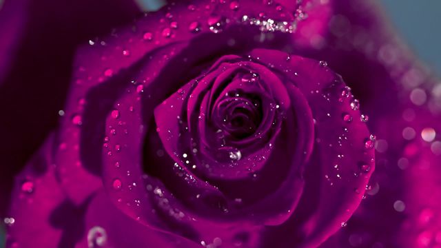 Vivid pink rose in close-up with water droplets clinging to its petals, capturing natural beauty. Perfect for romantic themes, nature-inspired designs, and floral products.