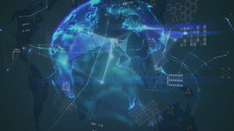 Digital Data Flow Across Global Map with Blue Overlay