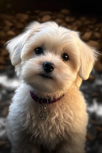 White Maltese puppy looking directly into the camera with a head tilt. Suitable for pet-related promotions, dog care products advertising, greeting cards, or any content emphasizing cute and loveable animals.