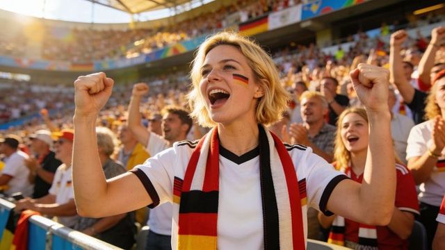 Passionate german fan cheering with raised arms wearing black-red-gold scarf at stadium