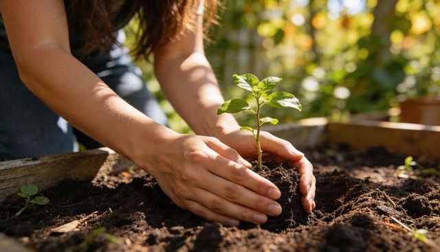Tending Young Seedling in Raised Garden Bed with Bare Hands Sunlit Closeup in Rich Soil