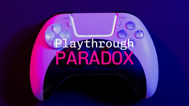 Modern video game controller against blue background with 'Playthrough Paradox' text. Perfect for gaming blogs, technology websites, or marketing material related to video games and entertainment.