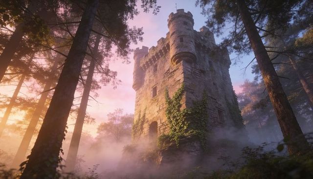 Misty sunrise casting golden light on ivy-covered medieval tower rising from foggy forest