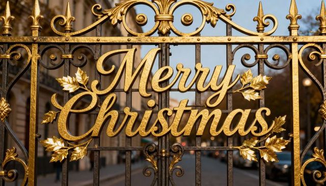 Gilded wrought-iron gate displaying merry christmas script with ornate gold leaves