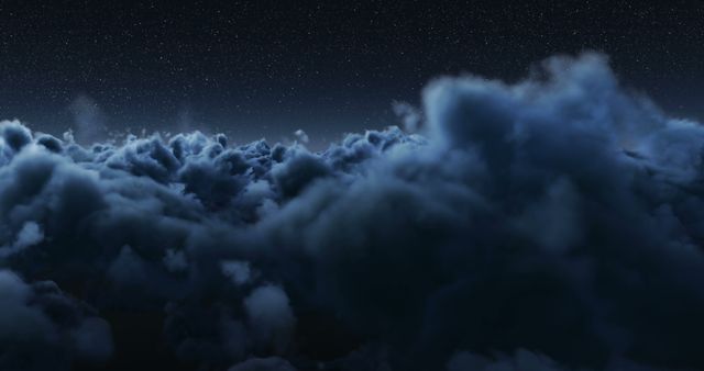 This image showcases a dark night sky filled with numerous stars, hovering above a dense layer of thick, dark clouds. The dramatic and moody atmosphere creates a sense of awe and mystery, perfect for use in projects related to astronomy, science fiction, dreamscapes, or any theme requiring a celestial or nighttime background. Ideal for book covers, website headers, and inspirational or thought-provoking content.