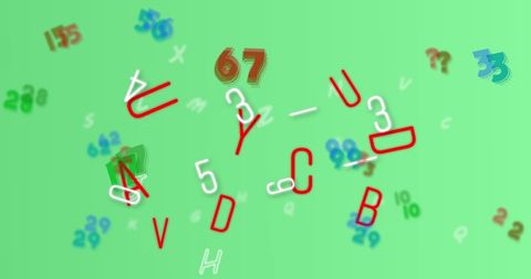 Colorful letters and numbers on green background