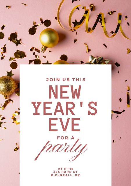 Ideal for promoting New Year's Eve parties, holiday gatherings, and seasonal celebrations. The festive gold and pink decorations create a luxurious and celebratory feel, perfect for event planners, party hosts, and online event advertisements.