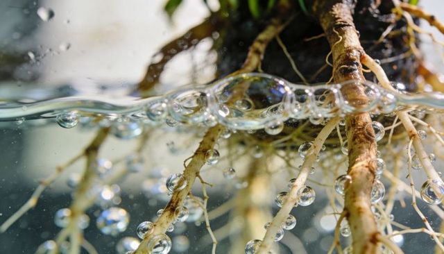 Hydroponic roots clinging to air bubbles underwater macro detail for science