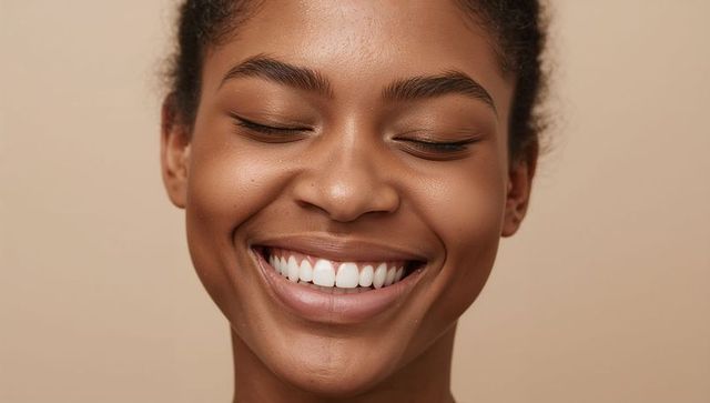 Smiling young woman with radiant skin and closed eyes, natural beauty headshot for wellness brands