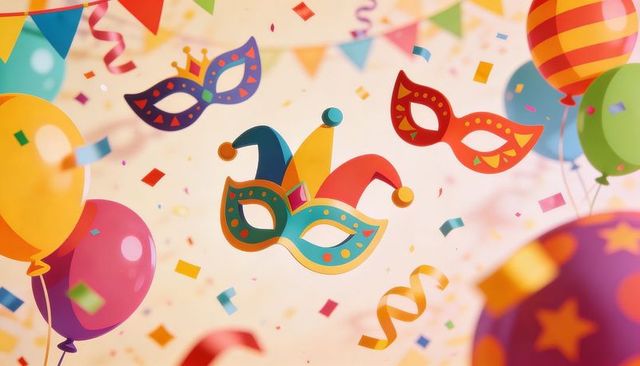 Floating jester mask and colorful balloons celebrating carnival masquerade party