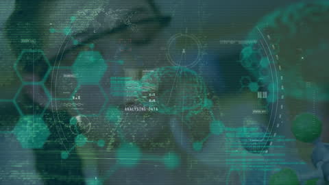 High-Tech Digital Interface Showing Scientist Analyzing Data