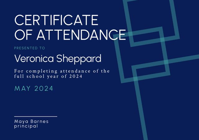 This certificate template features a contemporary blue geometric design, suitable for recognizing consistent attendance for the school year of 2024. Versatile and easily customizable, it can be used by educational institutions to appreciate students' dedication. Ideal for printing or digital sharing.