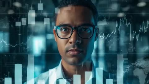 Leading trader analyzing global markets with live data overlay and rising bar charts