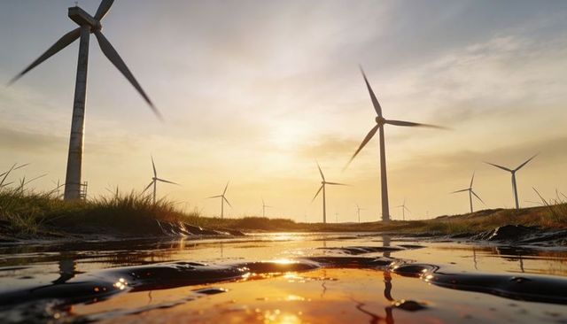 Sunset wind farm with rotating turbines reflecting in wet soil and puddles across prairie