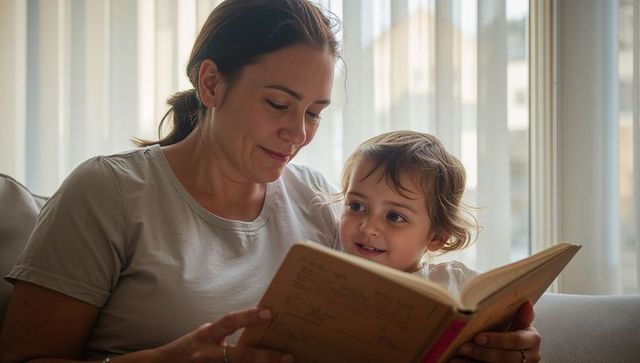 Mother reading bedtime book with toddler on sofa under soft window light, parent bonding