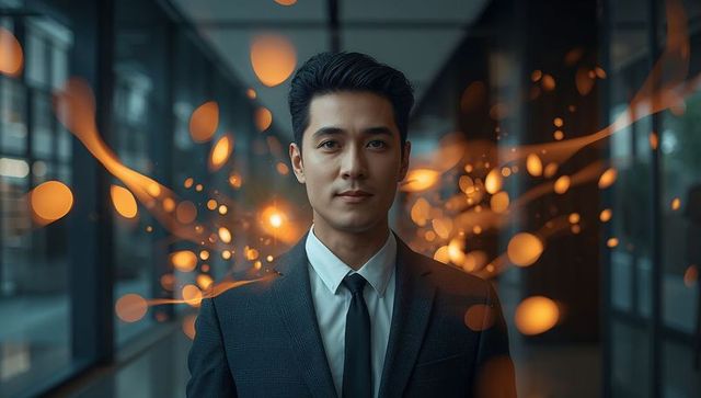Businessman standing in glass corridor wearing charcoal suit with orange bokeh lights