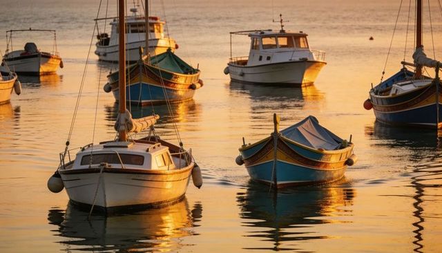 Cabin sailboat and colorful covered wooden boat floating in harbor at golden hour