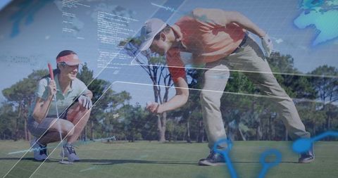 Couple Evaluating golf Putt With Analytical Data Overlay on Golf Course