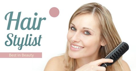 confident woman smiling while styling hair with brush - Download Free Stock Templates Pikwizard.com