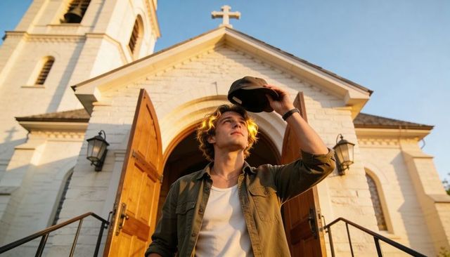 Young man lifting cap while gazing upward on stone church steps at golden hour