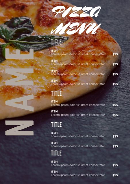 This versatile template is designed for pizzerias and other dining establishments, featuring enticing images of oven-fresh pizza. Ideal for updating or creating professional-looking menus. Perfect for promoting specials, new dishes, or events. Editable fields allow for quick customization.