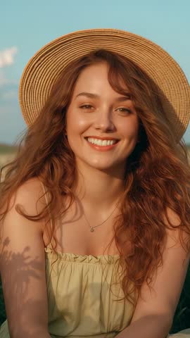 Vertical video of smiling woman in straw hat sitting in sunlit meadow with breeze