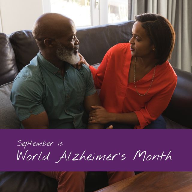African american mature wife talking to husband and september is world alzheimer's month text. Composite, love, togetherness, home, disease, healthcare, mental health, awareness and campaign concept.