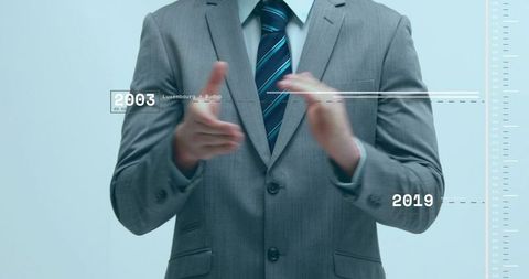 Executive in grey suit gesturing with blurred hands over timeline infographic 2003-2019