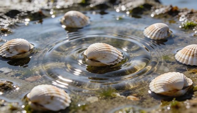 Seashells resting in tidal pool creating concentric water ripples on sunlit rocky shore