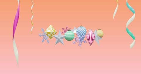 Colorful Festive Christmas Ornaments and Ribbons on Pink Background