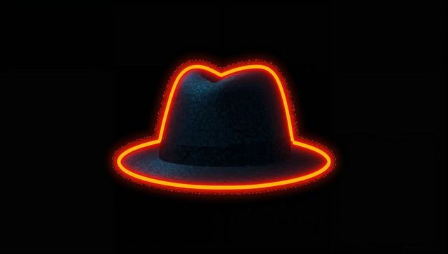 Floating textured navy fedora glowing with neon red-orange halo and particle outline