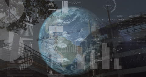 Dynamic Infographic Overlay on Earth with Construction Scene