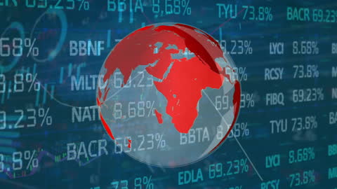 Spinning Red Globe Overlaying Stock Market Data Background