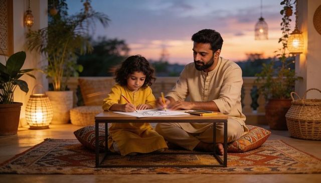 Sunset bonding: father guiding daughter drawing on terrace in kurta with warm lanterns
