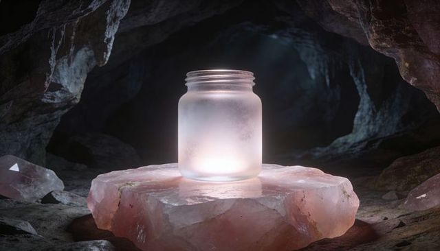 Glowing frosted jar emitting soft pink-white light on rose quartz slab in dark cave