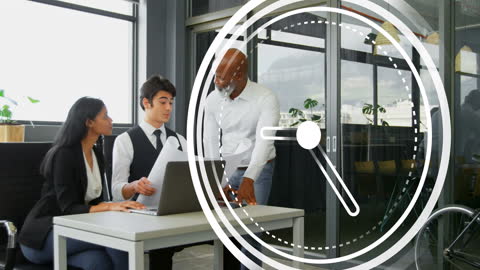 Clock Animation Over Diverse Coworkers in Modern Office Space