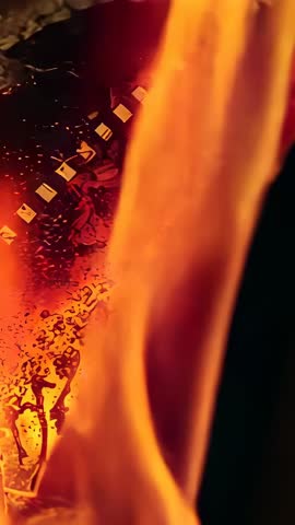 Flame consuming perforated film strip in dramatic macro burn with bubbling char and embers