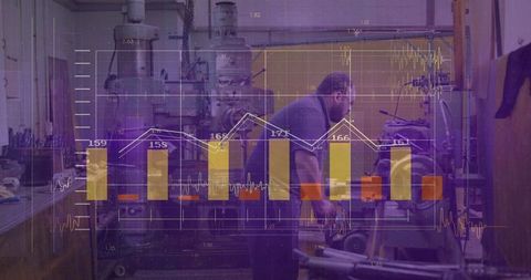 Machinist inspecting machine with data overlay in industrial setting