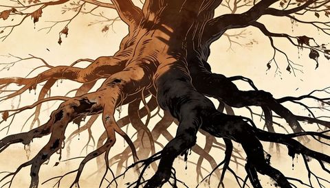 Gnarled tree trunk splitting brown and black, dripping ink roots on parchment texture