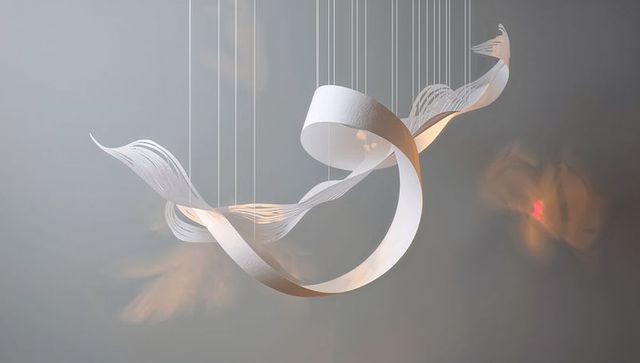 Floating ribbon chandelier sculptural pendant lighting emitting soft warm ambient glow