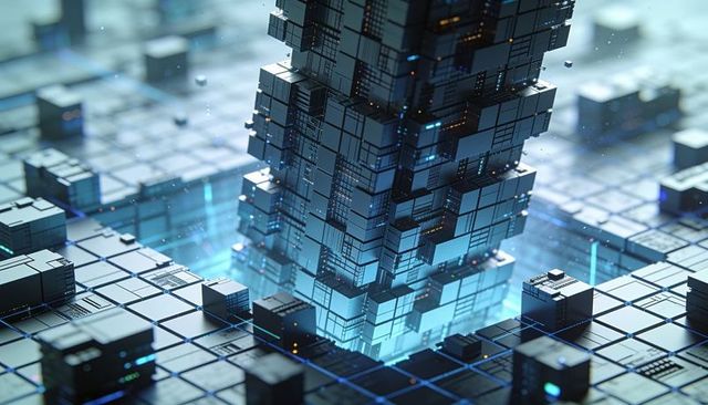 Rising metallic cube tower on glowing circuit grid representing data flow and ai core