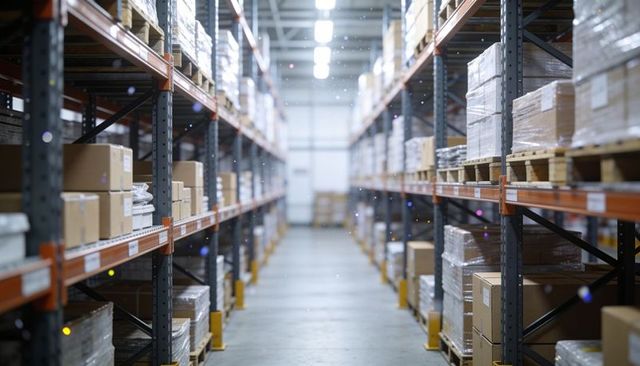 Warehouse aisle with pallet racking, wrapped pallets, stacked boxes and led lights