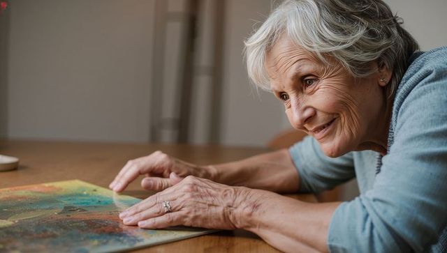 Senior woman assembling colorful jigsaw puzzle on wooden table, smiling and concentrating