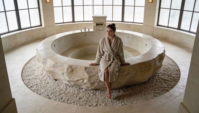 Woman relaxing on stone tub rim in luxury spa with pebble floor and panoramic windows